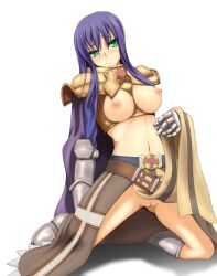 1girl 2000s_(style) armor armored_boots blush boots breasts breasts_out brown_skirt cape closed_mouth clothes_lift commentary_request crusader_(ragnarok_online) full_body gauntlets green_eyes hair_between_eyes kneeling large_breasts lifting_own_clothes long_hair looking_at_viewer navel nipples no_panties pauldrons purple_cape purple_hair pussy ragnarok_online shoulder_armor simple_background skirt skirt_lift solo uncensored white_background youu_(midgard)