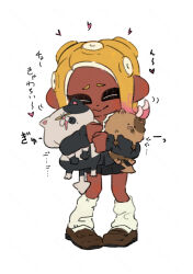 1girl anger_vein animal animal_hug annoyed black_fur black_skirt black_sleeves blonde_hair brown_fur closed_eyes closed_mouth collared_shirt commentary_request coula_cat drooling full_body heart highres holding holding_animal judd_(splatoon) kneehighs li&#039;l_judd_(splatoon) loafers long_sleeves loose_socks medium_hair miniskirt multicolored_hair nintendo octoling_girl octoling_player_character parted_bangs pink_hair pleated_skirt shirt shoes simple_background skirt socks splatoon_(series) spotted_fur suction_cups tentacle_hair translation_request two-tone_fur two-tone_hair white_background white_fur white_shirt