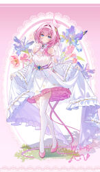 1girl alternate_costume bare_shoulders blue_eyes breasts cleavage closed_mouth detached_sleeves dress elysia_(honkai_impact) full_body high_heels highres honkai_(series) honkai_impact_3rd long_hair long_sleeves looking_at_viewer miaogujun pink_hair pink_pupils pink_shoes shoes signature smile solo standing thighhighs white_dress white_thighhighs