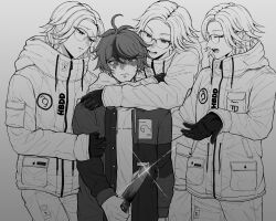 4boys ahoge aotsuki_eito arm_around_neck arms_on_another&#039;s_shoulder clone closed_eyes dididi_ta drawstring glasses glint gloves greyscale highres holding holding_knife hood hooded_jacket hoodie jacket knife male_focus monochrome multicolored_hair multiple_boys open_clothes open_jacket pants parted_lips short_hair smile spoilers streaked_hair sumino_takumi sweat the_hundred_line_-last_defense_academy-