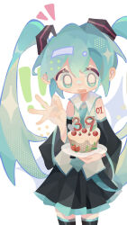 ! !! 39 black_skirt black_sleeves black_thighhighs blue_eyes blue_hair blue_necktie blue_trim cake collared_shirt cowboy_shot detached_sleeves eyes_visible_through_hair food fruit grey_shirt hair_between_eyes hand_up hatsune_miku highres holding light_blue_hair long_hair long_sleeves matoka7 miku_day miniskirt necktie number_tattoo open_mouth plate shirt shoulder_tattoo skirt strawberry tattoo teeth thighhighs twintails upper_teeth_only vocaloid zettai_ryouiki