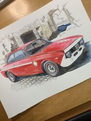 alfa_romeo car highres motor_vehicle no_humans original painting_(medium) photo_(medium) red_car shadow traditional_media unfinished vehicle_focus vehicle_request wada_takayoshi watercolor_(medium) wheel
