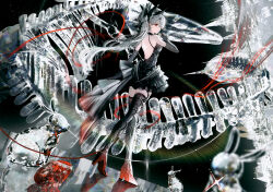 1girl backless_dress backless_outfit black_dress black_gloves black_thighhighs boots dress earrings elbow_gloves eshi_100_nin_ten fantasy floating_hair full_body gawako gem gloves gradient_boots grey_hair hair_ornament high-low_dress high_heel_boots high_heels highres jewelry lens_flare light_particles long_hair looking_to_the_side rabbit red_eyes red_gemstone reflective_floor scan solo sparkle standing thighhighs third-party_source zettai_ryouiki