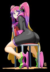 artist_logo ass ass_focus automatic_giraffe black_background black_jumpsuit boots chair gloves hatsune_miku highres huge_ass jumpsuit logo long_hair multicolored_boots multicolored_hair nintendo pink_gloves poison_miku_(project_voltage) pokemon project_voltage sitting smile twintails vocaloid