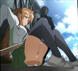 1boy 1girl anime_screenshot antenna_hair ass black_thighhighs blood blood_from_mouth blood_on_face blush breasts brown_hair city closed_eyes cloud grimace highres highschool_of_the_dead large_breasts miyamoto_rei panties school_uniform shoes skirt sky sneakers stitched sweat thighhighs third-party_edit underwear white_panties zombie