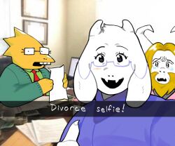 1boy 2girls :d alphys asgore_dreemurr computer crying crying_with_eyes_open cup deltarune divorce_selfie_(meme) dress english_text furry green_shirt highres indoors meme mug multiple_girls necktie office open_mouth papers photo_background purple_dress qroken rectangular_eyewear red_necktie selfie semi-rimless_eyewear shirt smile tears toriel under-rim_eyewear