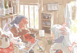2girls alcohol animal_ears bird blush bow bowl branch brown_dress chopsticks closed_eyes cup dress eel female_focus food food_stand fujiwara_no_mokou grill hair_bow hand_fan hat long_hair mitsumoto_jouji multiple_girls mystia_lorelei pants pink_hair red_eyes red_hair sake shirt sign sitting slice_of_life smile smoke sparrow touhou white_hair wings