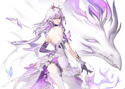 1girl back black_tiara bug butterfly castorice_(honkai:_star_rail) commentary dress english_commentary from_side hair_ornament highres honkai:_star_rail honkai_(series) insect long_hair looking_at_viewer nevercrymoon parted_lips pointy_ears purple_butterfly purple_eyes purple_hair solo tiara very_long_hair