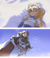 2girls armor blonde_hair blue_eyes blush breasts brown_hair cape commentary cowboy_shot elbow_gloves eyepatch gloves goddess_of_victory:_nikke guillotine_(nikke) guillotine_(winter_slayer)_(nikke) highres horns ingrid_(nikke) izagmanha long_hair looking_at_another lying multiple_girls official_alternate_costume on_back outdoors serious shadow shoulder_armor speech_bubble sweat translation_request upper_body