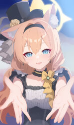 1girl animal_ears black_choker black_dress black_hairband black_hat blue_archive blue_eyes blurry blurry_background choker commentary_request dress earrings flower_hat fox_ears fox_girl hairband halo hat highres jewelry looking_at_viewer mari_(blue_archive) mari_(idol)_(blue_archive) mini_hat official_alternate_costume open_mouth orange_hair outstretched_arms solo upper_body yellow_halo zhnyy3