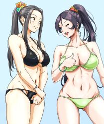 2girls anbj aqua_background bare_shoulders bikini black_bikini black_hair blue_eyes breasts cleavage closed_mouth collarbone flower gluteal_fold green_bikini groin hair_between_eyes hair_flower hair_ornament idolmaster idolmaster_cinderella_girls long_hair looking_at_another medium_breasts multiple_girls navel one_eye_closed open_mouth orange_eyes own_hands_clasped own_hands_together ponytail sena_shiori_(idolmaster) simple_background smile sugisaka_umi swimsuit teeth thighs thumbs_up upper_teeth_only