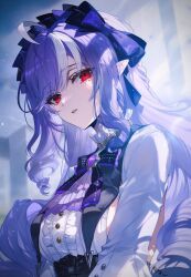 1girl breasts chromatic_aberration commentary_request dress hair_between_eyes hairband highres light_particles long_hair looking_at_viewer purple_hair red_eyes sideboob spotlight upper_body vivian_(zenless_zone_zero) zenless_zone_zero zishudongmao