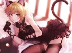 1girl animal_ears animal_print bell black_dress black_nails black_ribbon black_thighhighs blonde_hair blush cat_ears cat_print cat_tail dress female_focus fur_collar garter_straps green_eyes idolmaster idolmaster_cinderella_girls indoors jingle_bell kemonomimi_mode lace lace-trimmed_dress lace_trim lips looking_at_viewer lying magako miyamoto_frederica nail_polish on_side pillow ribbon short_hair sleeveless sleeveless_dress smile solo tail thighhighs wrist_ribbon zettai_ryouiki