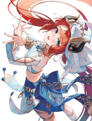 1girl absurdres aqua_eyes arched_back bakoko blue_bow blue_gemstone blush bow breasts brooch circlet commentary dancer detached_sleeves fake_horns floating_hair gem genshin_impact gold_trim gradient_eyes highres horns jewelry long_sleeves looking_at_viewer looking_back medium_breasts multicolored_eyes neck_ring nilou_(genshin_impact) orange_hair puffy_long_sleeves puffy_sleeves smile solo thighlet veil waist_bow white_veil