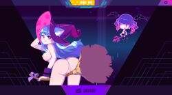 Rule 34 | 1girl, animal ears, bare shoulders, blue hair, breasts, broom, broom riding, dress, game screenshot, hat, highres, large breasts, long hair, magical girl, marija (magical girl) (muse dash), marija (muse dash), muse dash, nude, purple-framed eyewear, purple dress, purple eyes, pussy, round eyewear, solo, star (symbol), very long hair, witch, witch hat