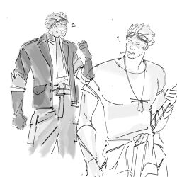 1boy ? ascot cid_highwind clenched_hands clothes_around_waist cowboy_shot dog_tags facial_hair final_fantasy final_fantasy_vii furrowed_brow gloves goggles goggles_on_head greyscale highres jacket lentymet male_focus monochrome multiple_views open_mouth shirt shirt_around_waist short_hair sketch sleeves_rolled_up smile solo squinting stubble white_ascot white_background