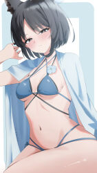 1girl amia_0423 animal_ears bikini black_eyes blue_archive blue_bikini breasts cat_ears cat_girl criss-cross_straps flower halo highres kikyou_(blue_archive) kikyou_(swimsuit)_(blue_archive) layered_bikini medium_breasts multi-strapped_bikini_bottom navel official_alternate_costume revision solo swimsuit