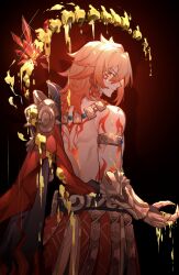 1boy armlet armor back_tattoo black_coat blonde_hair braid cape chinese_commentary clawed_gauntlets coat commentary_request cowboy_shot dripping facial_tattoo from_behind gradient_hair hair_between_eyes highres honkai:_star_rail honkai_(series) jewelry ling414353 looking_at_viewer male_focus medium_hair multicolored_hair mydei_(honkai:_star_rail) open_clothes open_coat pauldrons profile red_cape red_hair red_tattoo shoulder_armor side_braid side_cape single_pauldron solo spine tattoo toned toned_male yellow_blood yellow_eyes