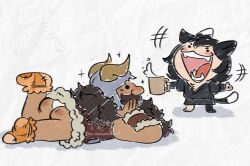 1boy 1girl adversarial_noise ass beard big_mouth chibi chilchuck_tims cup dark-skinned_male dark_skin doodle_inset dungeon_meshi dwarf facial_hair fake_horns feet_up full_body helmet holding holding_cup horned_helmet horns izutsumi laughing long_beard looking_at_another lying mustache on_stomach panties pantyshot senshi_(dungeon_meshi) socks solid_circle_eyes sparkle sparkling_aura the_demonic_owl thick_mustache underwear very_long_beard