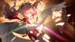 1girl absurdres aqua_eyes beret blue_bow blue_bowtie bow bowtie commentary_request dress floating_hair flying glowing gold_trim hair_between_eyes hat highres honkai:_star_rail honkai_(series) hyacine_(honkai:_star_rail) layered_dress light_trail little_ica_(honkai:_star_rail) long_hair long_sleeves looking_ahead object_floating_above_hand own_hands_together pantyhose pink_hair red_dress red_hat solo twintails two-tone_dress white_dress white_pantyhose white_wings wings yuyiosang