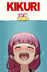 air_bubble alcohol_carton animal bocchi_the_rock! bubble gotoh_hitori gotoh_hitori_(octopus) highres hiroi_kikuri innertube jaws_(movie) meme ocean octopus parody partially_submerged partially_underwater_shot sharp_teeth swim_ring teeth torako_(toramaru) underwater