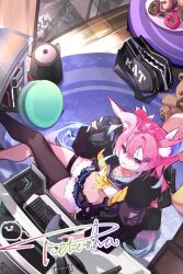1girl animal_ear_fluff animal_ears bad_source bag black_thighhighs bow bowtie character_name computer_keyboard computer_mouse crop_top denim donut food fox_ears fox_girl frilled_shorts frills from_above gradient_hair hair_between_eyes headphones highres holding holding_headphones indie_virtual_youtuber indoors jeans long_bangs long_sleeves looking_at_viewer multicolored_hair official_art on_chair pants pink_hair purple_eyes school_uniform serafuku short_shorts shorts sidelocks sitting solo speaker stuffed_animal stuffed_toy teddy_bear teletha_(vtuber) thigh_strap thighhighs virtual_youtuber yellow_bow yellow_bowtie