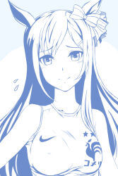 1girl abriel00 animal_ears blue_theme blush bow breasts closed_mouth commentary_request ear_bow flying_sweatdrops horse_ears horse_girl long_hair looking_at_viewer medium_breasts mejiro_dober_(umamusume) monochrome shirt sleeveless sleeveless_shirt smile solo umamusume upper_body