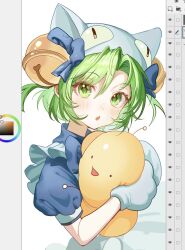 1girl :o animal_hands animal_hat apron art_program_in_frame art_program_request bell blue_bow blue_bowtie blue_dress blush bow bowtie cat_hat dejiko di_gi_charat dress gema gloves green_eyes green_hair hair_bell hair_between_eyes hair_ornament hashtag-only_commentary hat highres jingle_bell limu838 looking_at_viewer open_mouth parted_bangs paw_gloves short_hair simple_background solo upper_body white_apron white_background white_gloves white_hat
