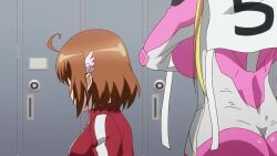 2girls animated anime_screenshot ass bakuon!! blonde_hair blue_eyes bodysuit bouncing_breasts breasts brown_eyes brown_hair hand_on_own_chest large_breasts long_hair multiple_girls pink_bodysuit racing_suit sakura_hane small_breasts smile sound suzunoki_rin tagme teeth twintails video