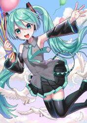 Rule 34 | 1girl, aqua eyes, aqua hair, aqua nails, aqua necktie, arm up, armpits, aroeruji3, balloon, beak, bird, bird tail, bird wings, boots, detached sleeves, feathered wings, feathers, grey shirt, hair between eyes, hair ornament, hatsune miku, headphones, highres, holding, holding balloon, long hair, long sleeves, looking at viewer, miniskirt, necktie, open mouth, pleated skirt, shirt, skirt, sleeveless, sleeveless shirt, smile, tail, thigh boots, thighhighs, twintails, very long hair, vocaloid, wings, zettai ryouiki