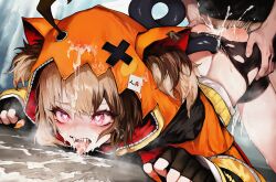 1boy 1girl ahoge all_fours brown_hair cum cum_in_mouth cum_on_body cum_overflow doggystyle ejaculation facial gigi_murin gigi_murin_(1st_costume) grabbing_another&#039;s_ass groping hair_through_hood heart heart-shaped_pupils hetero highres hololive hololive_english hood hoodie multicolored_hair open_mouth orange_hood orange_hoodie pink_eyes pointy_ears sex sex_from_behind short_hair solo_focus symbol-shaped_pupils tail tongue tongue_out two-tone_hair virtual_youtuber whosadaman