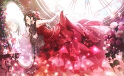 1girl aozora_ni_negau_your_happiness!_(project_sekai) beads bottle box bridal_gauntlets brown_hair colorful_palette dress falling_petals flower frilled_dress frills full-length_mirror highres jewelry mirror necklace official_alternate_costume official_alternate_hair_length official_alternate_hairstyle official_art pearl_necklace perfume_bottle petals pink_flower pink_rose pout project_sekai reflection rose shiraishi_an solo table third-party_source white_bridal_gauntlets yellow_eyes