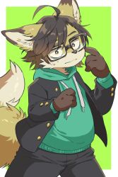 1boy ahoge animal_ears black-framed_eyewear black_hair black_jacket black_pants border brown_eyes closed_mouth drawstring fewer_digits finger_to_cheek fox_boy fox_ears fox_tail furry furry_male gakuran glasses green_background green_hoodie hood hood_down hoodie jacket kuzugitsune_(inarikami) male_focus original outside_border pants plump school_uniform short_hair solo tail white_border