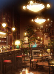 1girl blonde_hair blue_eyes bookshelf bottle cafe cake_stand chair commentary_request counter cup eating fireplace globe hanging_light indoors jar long_hair menu mirror odaartworks original picture_frame plant plate potted_plant scenery sitting solo stool table teacup teapot tile_floor tiles