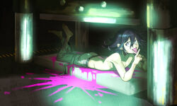 1boy bare_shoulders barefoot black_hair blood blood_splatter collarbone commentary corset_piercing danganronpa_(series) danganronpa_v3:_killing_harmony feet_up flipped_hair from_side green_light hair_between_eyes hydraulic_press long_sleeves looking_at_viewer lying male_focus medium_hair oma_kokichi on_stomach oni_09876 open_mouth pants pink_blood purple_eyes purple_hair smile solo spoilers symbol-only_commentary the_pose thigh_strap tongue tongue_out topless_male white_pants