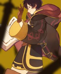 1boy arm_up black_gloves black_hair book boots brown_boots closed_mouth commentary english_commentary fire_emblem fire_emblem_awakening from_side gloves hair_behind_ear highres holding holding_book hood hood_down hooded_robe long_sleeves looking_back male_focus male_morgan_(fire_emblem) nintendo open_book pants pararade parted_bangs popped_collar profile robe smile solo white_pants wide_sleeves