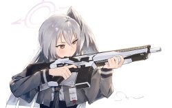 1girl assault_rifle blue_archive closed_mouth expressionless grey_hair grey_serafuku gun hair_between_eyes halo head_wings highres holding holding_gun holding_weapon id_card long_hair long_sleeves mole mole_under_eye purple_halo red_eyes rifle sanpo_(sanpo_1027) school_uniform serafuku sig_mcx sig_sauer signature simple_background single_head_wing solo suzumi_(blue_archive) upper_body weapon white_background wings