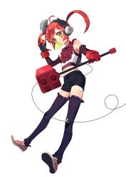 1girl absurdres aevv ahoge black_shorts black_thighhighs chewing_gum commentary full_body green_eyes hammer headphones highres holding holding_hammer j-core long_hair looking_at_viewer object_through_head polka_dot_footwear red_hair screw screw_in_head shirt shoes shorts simple_background sleeveless sleeveless_shirt sneakers solo standing t+pazolite tachi-e thighhighs twintails ultra_cutie_breakin&#039;!!!! white_background white_shirt white_shoes