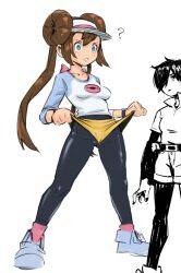 Rule 34 | 2girls, ?, @ @, black pantyhose, blue shoes, breasts, brown hair, cameltoe, collarbone, donut hair bun, double bun, gmun, hair bun, legs apart, lifting own clothes, light blush, long hair, medium breasts, mind control, multiple girls, nintendo, pantyhose, pantyhose under shorts, pink socks, pokemon, pokemon bw2, raglan sleeves, rosa (pokemon), shirt, shoes, short shorts, shorts, shorts lift, simple background, socks, standing, three-quarter sleeves, twintails, visor cap, white background, yellow shorts