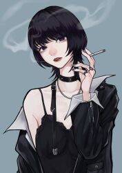 1girl asagi_ryo black_eyes black_hair chain chain_necklace choker cigarette highres jacket jewelry lips medium_hair necklace original purple_eyes ring shirt_slip simple_background smoke smoking solo wolf_cut