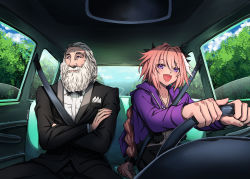 2boys absurdres astolfo_(fate) astolfo_(memories_at_trifas)_(fate) beard black_jacket black_pants black_ribbon black_skirt blue_sky blush bow bowtie braid car_interior clip_studio_paint_(medium) closed_mouth cloud commentary_request commission cowboy_shot crop_top crossed_arms day driving eudetenis facial_hair fang fate/apocrypha fate_(series) father_and_son formal_clothes hair_ribbon highres jacket karl_marx long_braid long_hair long_sleeves looking_to_the_side male_focus multicolored_hair multiple_boys official_alternate_costume old old_man open_mouth otto_of_england pants pink_hair pocket_square purple_eyes purple_hair purple_jacket ribbon seatbelt shirt short_hair single_braid skin_fang skirt sky smile streaked_hair suit tree white_hair white_shirt