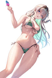 1girl absurdres alternate_costume bikini black_hairband bowlp breasts colored_inner_hair firefly_(honkai:_star_rail) food from_below green_bikini grey_hair hairband highres holding holding_food holding_popsicle honkai:_star_rail honkai_(series) large_breasts multicolored_hair navel popsicle purple_eyes simple_background solo stomach swimsuit tongue tongue_out wet white_background