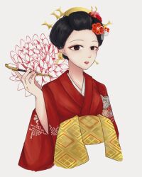 1girl actor arm_at_side black_eyes black_hair cropped_arms cropped_torso floral_background floral_print flower forehead grey_background hair_flower hair_ornament hand_up holding holding_smoking_pipe ishii_haruna japanese_clothes kanzashi kimono kiseru long_sleeves looking_at_viewer mole mole_under_eye nigari_(ngari_0115) obi parted_lips real_life red_flower red_kimono sash short_hair smoking_pipe solo upper_body