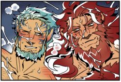 2boys aftersex animal_ears bara beard blush caineghis_(fire_emblem) chest_hair commentary_request commission cropped cum cum_on_body cum_on_chest facial facial_hair fire_emblem fire_emblem:_path_of_radiance fire_emblem:_radiant_dawn long_hair lowres male_focus mordecai_(fire_emblem) multiple_boys nintendo one_eye_closed red_hair thick_chest_hair tianran_yen upper_body yaoi