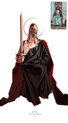 1boy 1other absurdres black_gloves black_robe cape card commentary cracked_skin english_commentary english_text full_body gloves halo highres holding long_hair minor_arcana_(tarot) nezumiayasha original photo_inset red_cape robe simple_background sitting skull solo_focus sword tarot tarot_card weapon white_background