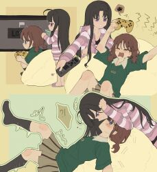 2girls absurdres artist_request awa_subaru bean_bag_chair black_hair black_socks blue_eyes brown_hair brown_skirt closed_eyes closed_mouth commentary commission controller game_controller girls_band_cry green_shirt grin heart highres holding holding_controller holding_game_controller holding_remote_control hood hoodie iseri_nina long_hair looking_at_another multiple_girls open_mouth pink_hoodie playing_games pleated_skirt purple_eyes remote_control second-party_source shirt short_sleeves short_twintails shouting simple_background sitting skirt smile socks spoken_squiggle squiggle striped_clothes striped_hoodie twintails yellow_background yuri