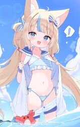 Rule 34 | !, 1girl, absurdres, ahoge, animal ears, bikini, blonde hair, blue bikini, blue bow, blue eyes, blue hair, blue sky, blush, bow, breasts, cat ears, clothes pull, cloud, crab, dress, fins, fish girl, fish tail, hair bow, highres, ichipon1515, indie virtual youtuber, lifebuoy hair ornament, looking at viewer, multicolored hair, navel, one side up, open mouth, sameko saba, short shorts, shorts, shorts pull, sky, sleeveless, sleeveless dress, small breasts, smile, solo, spoken exclamation mark, streaked hair, swimsuit, tail, virtual youtuber, wading, water, white dress, white shorts