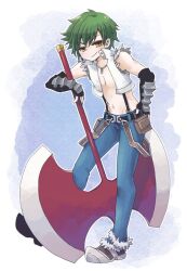 1boy axe belt belt_pouch black_belt black_gloves blue_pants boots brown_boots closed_mouth crop_top doroidsan fingerless_gloves full_body fur-trimmed_pants fur-trimmed_shirt fur_trim gloves green_hair hashtag-only_commentary holding holding_axe howard_alt-eisen looking_at_viewer male_focus navel open_clothes open_shirt pants pouch ragnarok_online shirt short_hair sleeveless sleeveless_shirt smile solo suspenders vambraces white_shirt whitesmith_(ragnarok_online) yellow_eyes