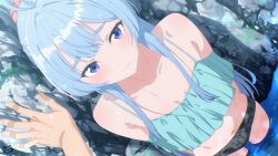 Rule 34 | 1girl, aqua camisole, artist logo, blue hair, camisole, commentary, furrowed brow, hair ornament, hair scrunchie, highres, kabedon, keihh, light frown, logo, looking at viewer, navel, paid reward available, pink scrunchie, scrunchie, shiunji-ke no kodomotachi, shiunji seiha, standing, symbol-only commentary, thick eyebrows, wading