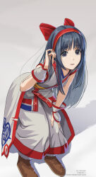 1girl ainu_clothes artist_name black_eyes black_hair boots breasts dargain_x fingerless_gloves gloves hair_ribbon hand_on_knee hand_on_own_knee highres leaning_forward legs long_hair nakoruru pants parted_lips ribbon samurai_spirits small_breasts snk the_king_of_fighters the_king_of_fighters_xv thighs
